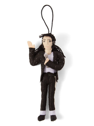 A felt ornament depicting the late pop singer Michael Jackson, complete with glittery jacket and microphone.