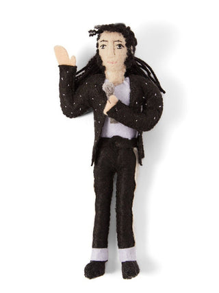 A felt ornament depicting the late pop singer Michael Jackson, complete with glittery jacket and microphone.