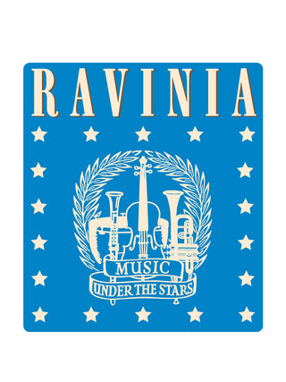 A vintage style blue and cream colored sticker with stars around the border and a crest with instruments in the middle, and the text "Ravinia" and "Music under the stars".