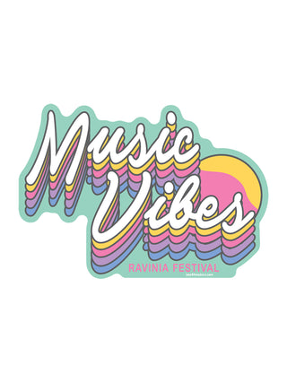 The words "Music Vibes" in cursive with yellow, pink, purple, and blue shadows in front of a yellow sun atop a mint background.