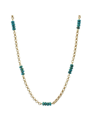 A brass link chain necklace interspersed with five turquoise bead stacks