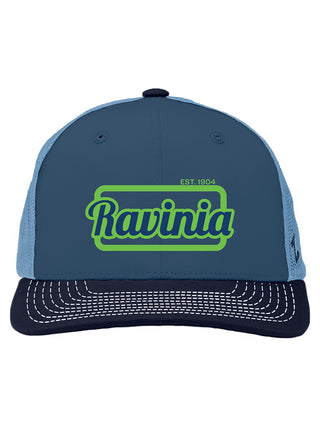 A trucker hat with a green and blue "Ravinia Est. 1904" logo on it in green and blue, and a black brim.