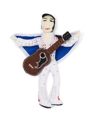 A felt ornament of Elvis Presley in a jumpsuit and sequins, with a guitar.