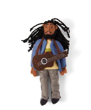 A felt ornament depicting reggae singer Bob Marley with a guitar.