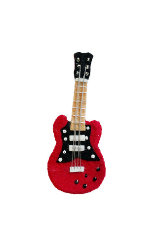 A felt ornament of an electric guitar with a red body and brown and black neck.
