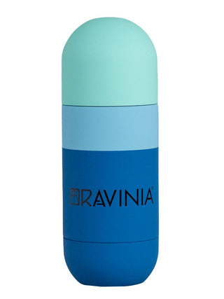 The Ravinia orb bottle with a blue base, a sky blue stripe, and a mint cap.