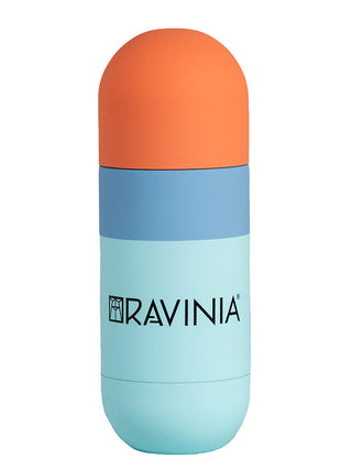 The Ravinia orb bottle with a mint base, a blue stripe, and an orange cap.