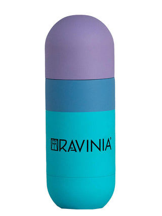 The Ravinia orb bottle with a teal base, a blue stripe, and a pastel purple cap.