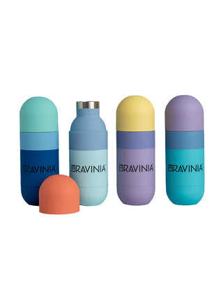 Four Ravinia orb bottles in various colors (blue, mint, purple, and teal) next to each other, emblazoned with the Ravinia logo.