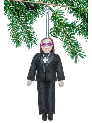 A felt ornament that looks like Ozzy Osbourne.