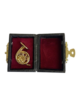 A lapel pin that looks like a gold french horn, in a red, velvet-lined case.