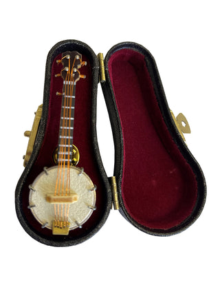 A lapel pin that looks like a banjo, in a red, velvet-lined case.
