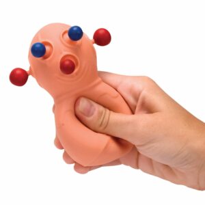 Hand squeezing a Panic Pete doll, making the blue eyes, red nose, and red ears pop out.