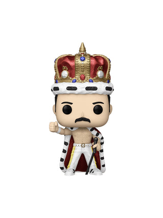 A vinyl figure of Freddie Mercury in a bejeweled crown and cape, with a microphone in his hand.