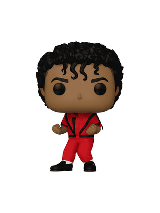 A vinyl figure of Michael Jackson wearing a red and black outfit.