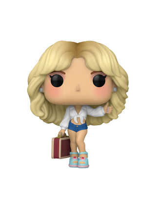 A vinyl figure of Sabrina Carpenter in a white shirt and blue jean shorts, holding a red briefcase.