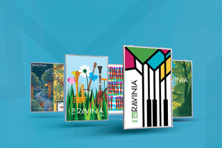 5 Ravinia posters from past years in front of a blue background.