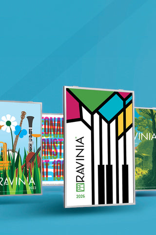 5 Ravinia posters from past years in front of a blue background.