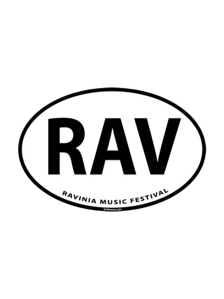 A black and white Euro style sticker with "RAV" in block lettering and "Ravinia Music Festival" in smaller letters underneath.