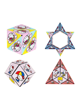 Four of the many shapes that the Rainbow Hello Kitty Shashibo can make, showing the different patterns on its sides.