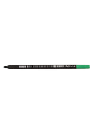 A black pencil with white striations and the word RAVINIA on it in white, with a green eraser at the end.