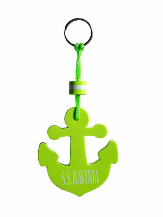 A green foam keychain in the shape of an anchor with the words "SS Ravinia" on it in white.