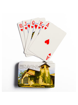 A royal flush in hearts above, and a deck of cards below, featuring the Martin Theatre and the word RAVINIA on them.