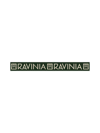 A knit green and natural color knit scarf with the Ravinia logo laying flat on a white background.