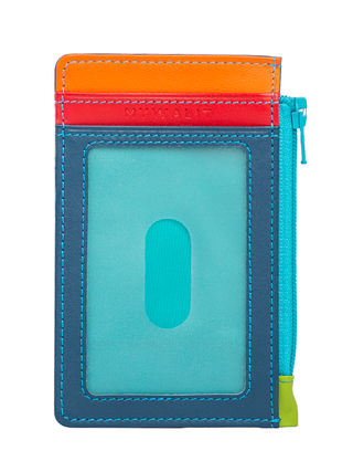 A colorful credit card hold with a plastic covered pocket on the bottom, and a zipper on the right.