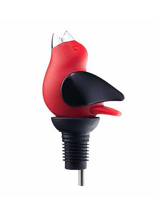 A red and black bird with a wine topper attached to its lower end.