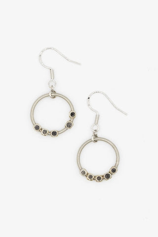 A pair of silver-toned loop wire earrings with sliver-toned square beads.