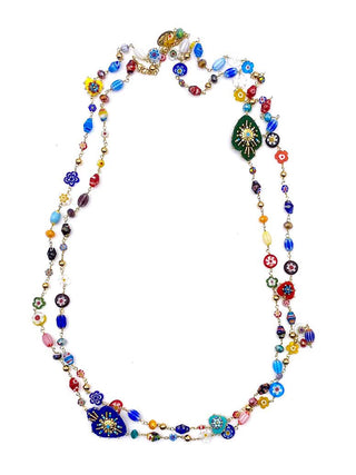 A long colorful Murano glass bead necklace, doubled.