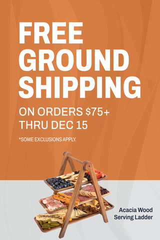 A wooden serving ladder with food in front of an orange and white background, with the words Free ground shipping on orders $75+ thru Dec 15. Some exclusions apply.