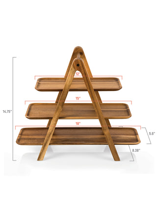 Three-tiered wood serving ladder with measurements listed.