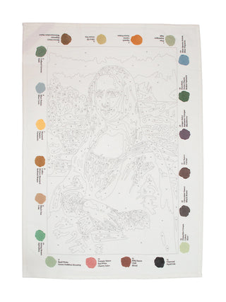A light tan dish towel with a paint by numbers design of the Mona Lisa, and a stain color key around the border.