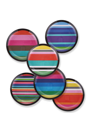 A set of six colorful striped appetizer plates.