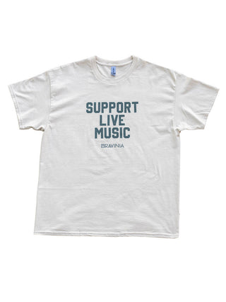 A tan t-shirt with the words "Support Live Music" in gray block lettering, and the Ravinia name and logo underneath.