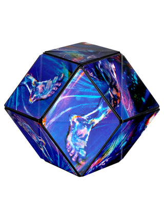 A hexagon featuring images of the jumbie cosmic surfer.