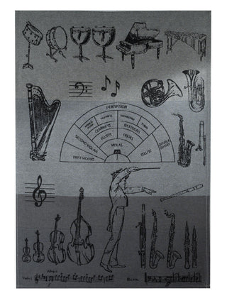 The woven Jacquard tea towel depicting various musical instruments, musical symbols, music, a conductor, and an orchestra seating plan, all on a gray gradient background.