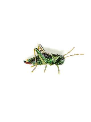 An embroidered brooch of a green grasshopper with yellow and black accents.