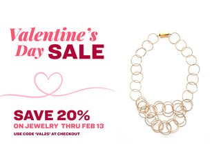 An image of a champagne piano wire ring necklace with moonstone beads next to the text "Valentine's Day Sale: save 20% on jewelry thru Feb 13. Use code 'VAL25' at checkout".