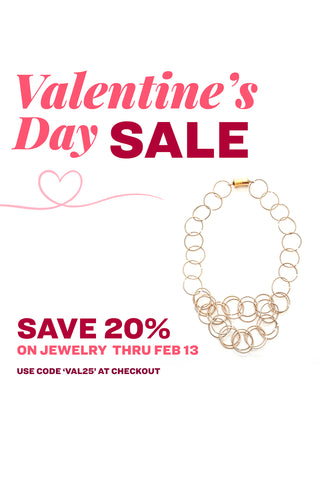 An image of a champagne piano wire ring necklace with moonstone beads next to the text "Valentine's Day Sale: save 20% on jewelry thru Feb 13. Use code 'VAL25' at checkout".