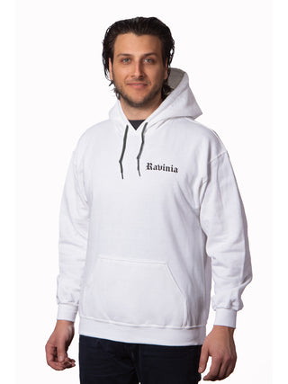 A man with black hair in a white hoodie with the word Ravinia in black gothic script, and black pull ties.