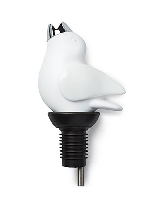 An all-white bird with a wine topper attached to its lower end.