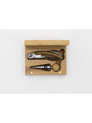 An open bamboo box with a wood and steel corkscrew and a wine stopper inside.