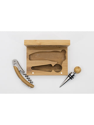 A bamboo box, open, next to a corkscrew and a wine stopper.
