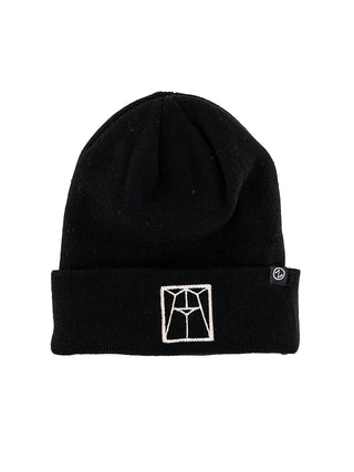 A black stocking cap beanie with a white embroidered Ravinia window logo on the brim.