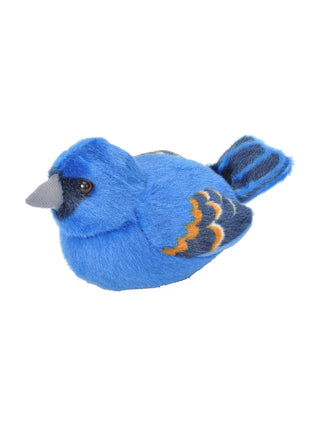 A plush version of a blue grosbeak.