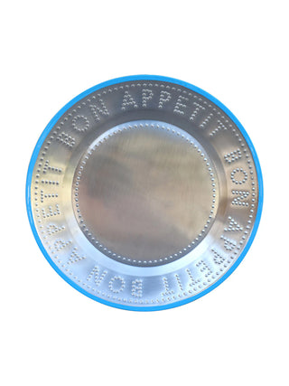 A steel plate with Bon Appetit embossed on the border, with a blue enamel trim.