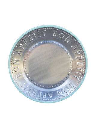 A steel plate with Bon Appetit embossed on the border, with a light teal enamel trim.